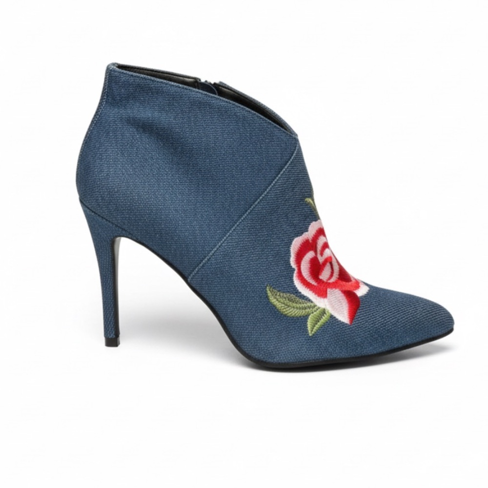 Blue Denim Floral Rose Embroidered Stiletto Heel Y2K Fashion Ankle Boots Size 9 - Picture 2 of 12